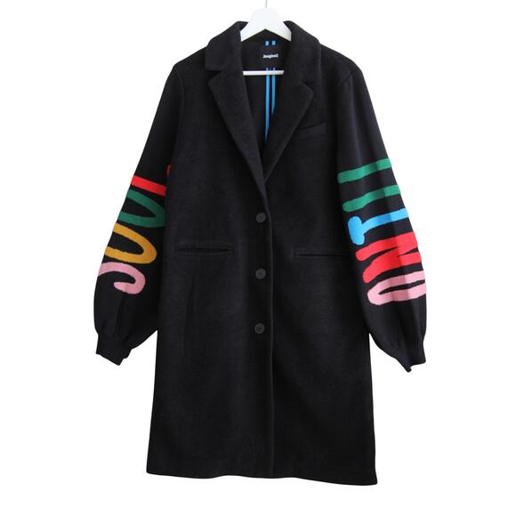 Desigual Estonia Coat Colorful Lettering Sleeves Wool Black Large - Picture 5 of 15